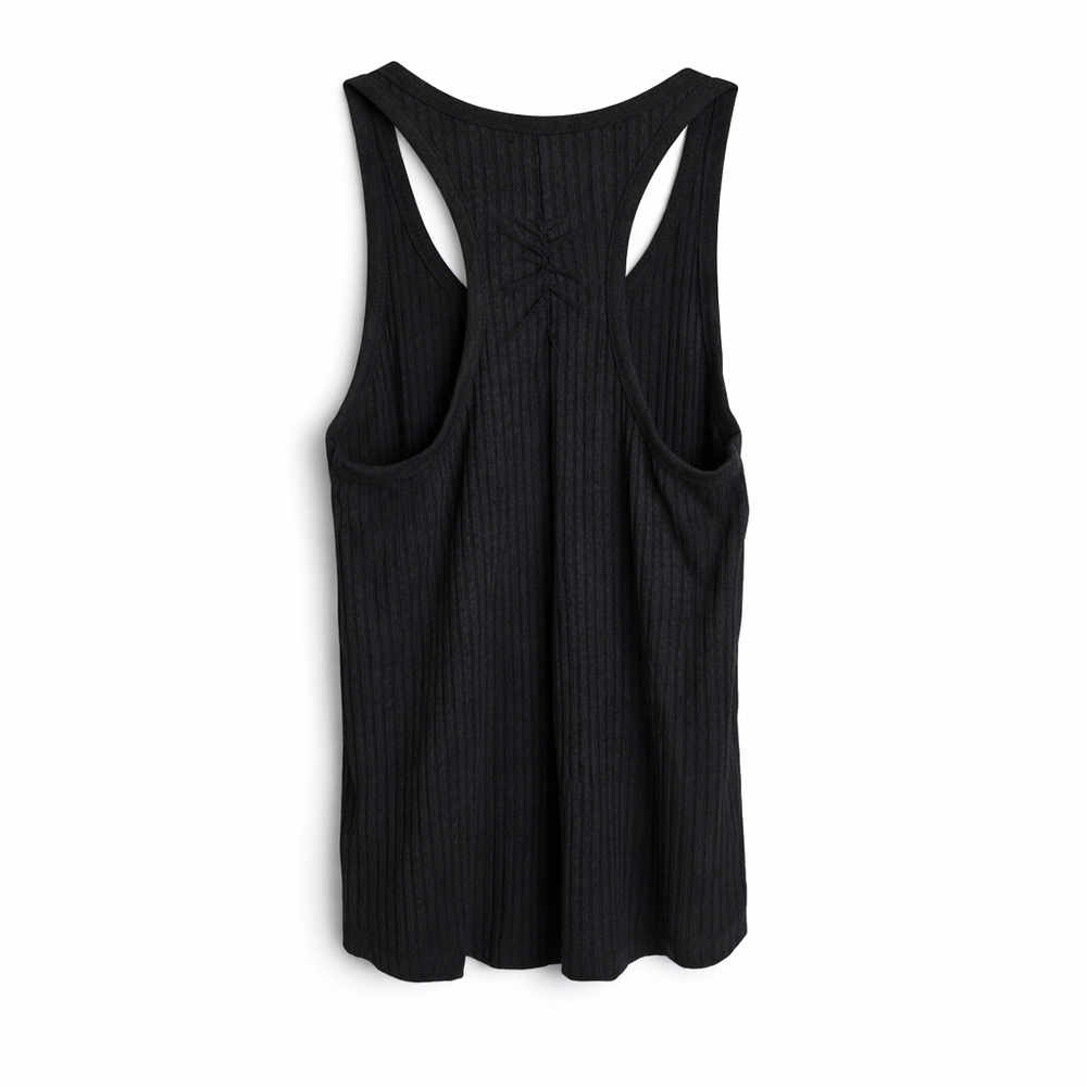 David Lerner Ribbed Racerback Tank Top Black Ruched Back Women's Small - Picture 2 of 6